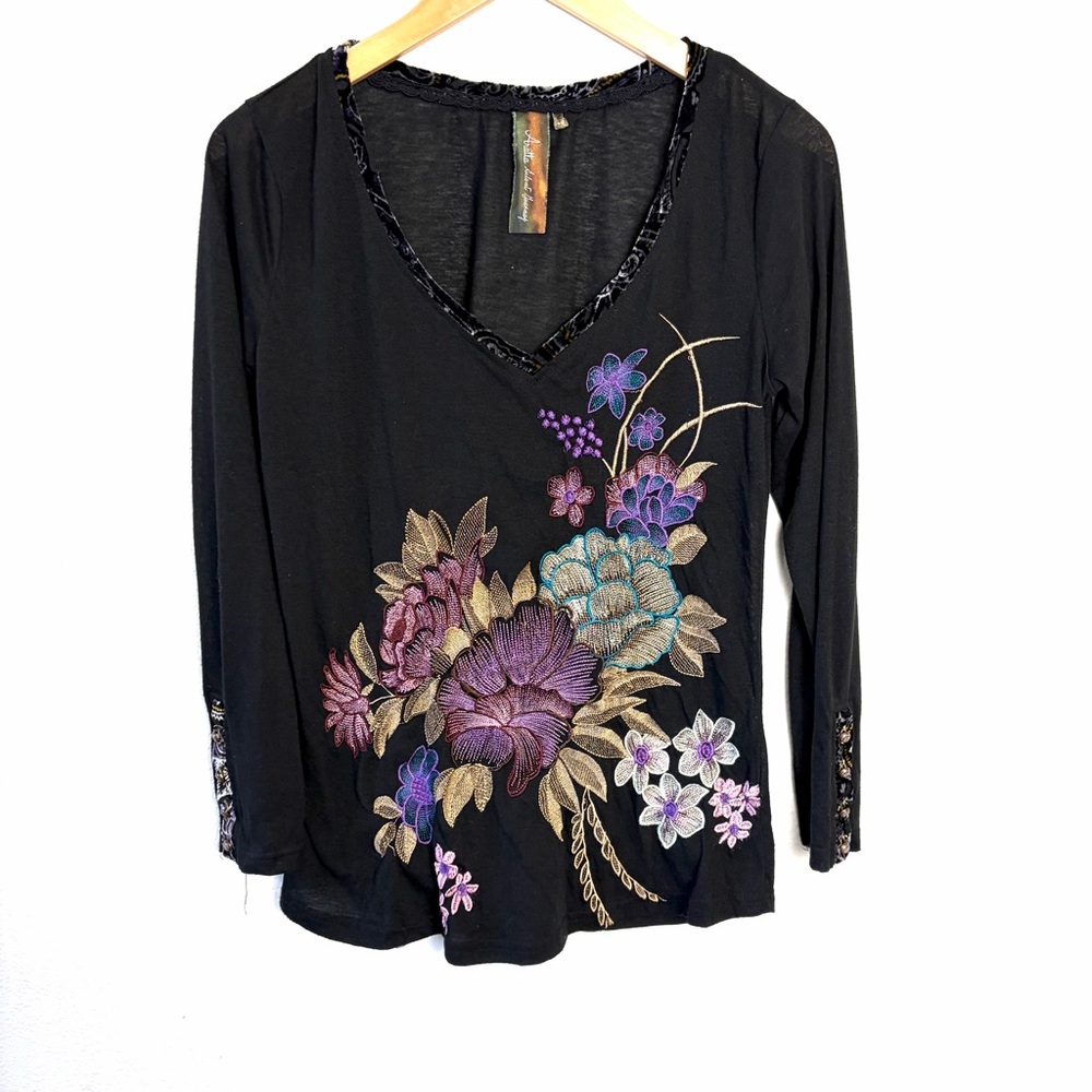 Anthropologie Black Long Sleeve Top with Floral heavy Embroidery vneck sz S